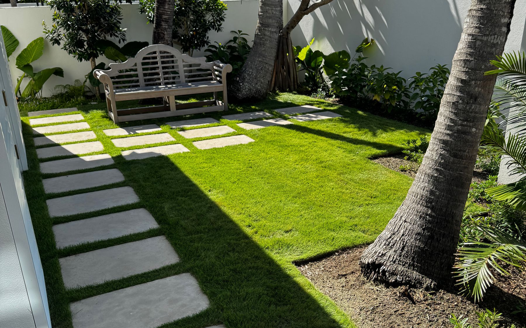 Stepping-stone pavers set into a fresh green lawn in a tropical garden with palms and a timber bench